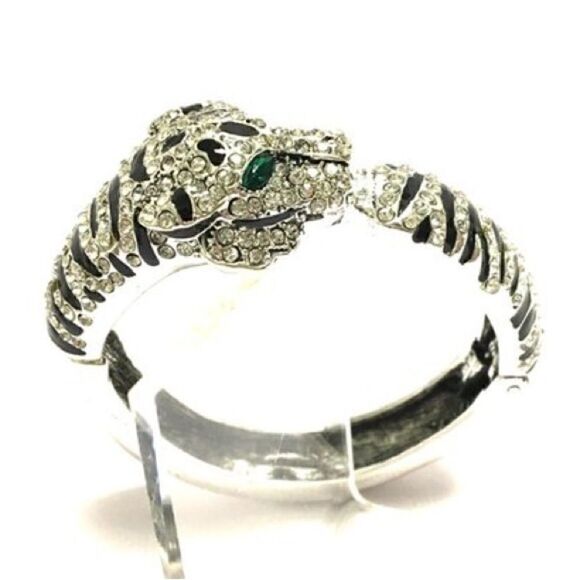 NWOT Rhinestone Encrusted Black Striped Green Eyed Jaguar Hinged Cuff. - Picture 1 of 4